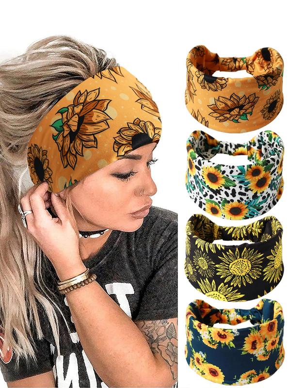 Women's Sunflower Print Twist Sports Tennis Hair Band, Summer Outfits, Pickleball Elastic Wide Band Hair Band, Sports Clothes Accessories, Sweat Absorbing Hair Band for Women, Fall Outfits, Fallfreshness