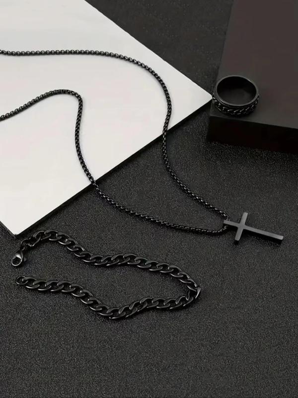 Punk Style Cross Pendant Necklace & Chain Design Ring & Curb Chain Bracelet (3pcs set), Fashion Jewelry for Party, Daily Clothing Decor, Trendy All-match & Exquisite Jewelry for Birthday Gift