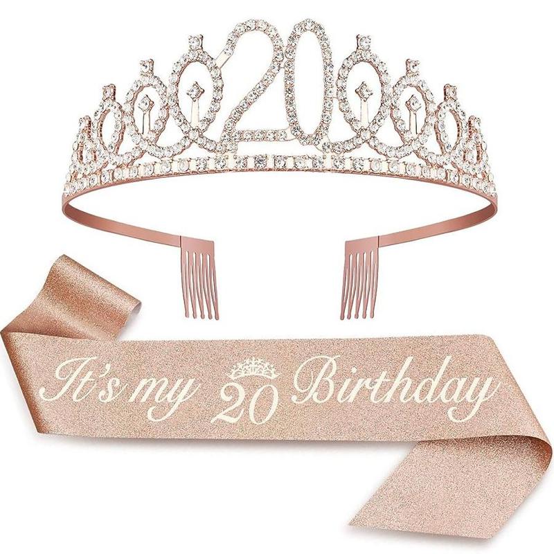 Birthday Crown & Sash Set, 1 Set Rhinestone Crown & Sash, Birthday Party Decoration Supplies for Women, Party Accessories