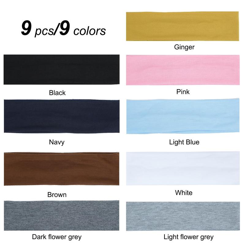 9 count Headbands for women Non Slip Headband, Soft Elastic  Bands for Womens , Fashion Cotton Cloth Stretchy  Bands Headbands for , Makeup, Gym, Running, Yoga, Workout (9Colors-A)