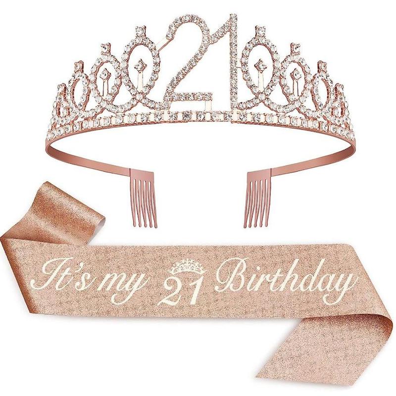 Birthday Crown & Sash Set, 1 Set Rhinestone Crown & Sash, Birthday Party Decoration Supplies for Women, Party Accessories