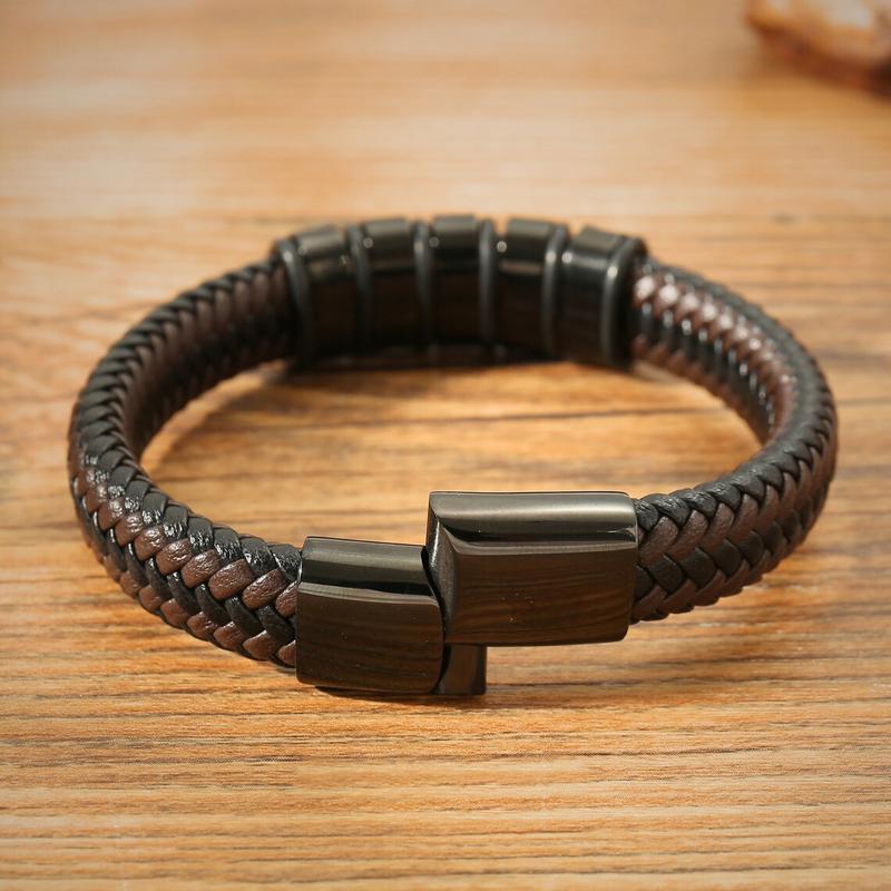 Men's Protection Leather Braided Bracelet Titanium Steel Bangle Leather Braided Wristband Magnetic Clasp for Daily Use Gift to him