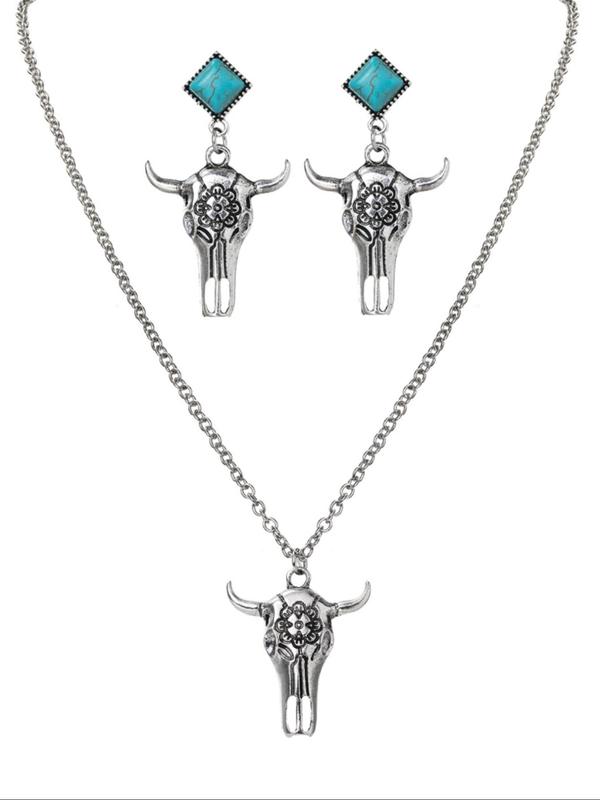 Vintage Cow Head Decor Pendant Necklace & Dangle Earrings, Creative Turquoise Inlaid Jewelry Set, Retro Exquisite Jewelry Set for Women As Gift