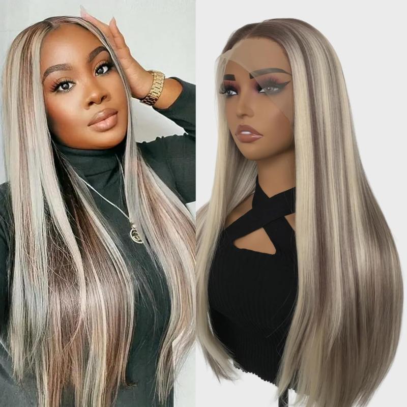 Blonde with Brown Highlights Lace Front Wig Straight for Women Highlight Brown Synthetic Lace Wigs Pre Plucked Hairline Glueless Wig Natural Straight Synthetic Lace Frontal Wig 26 inch