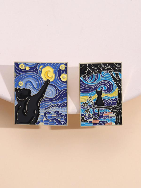 Van Gogh Starry Sky Art Painting Pattern Brooch, 4 Counts Cute Cat Graphic Alloy Badge for Daily Clothing Decor, Trendy All-match & Exquisite Brooch for Birthday Gift