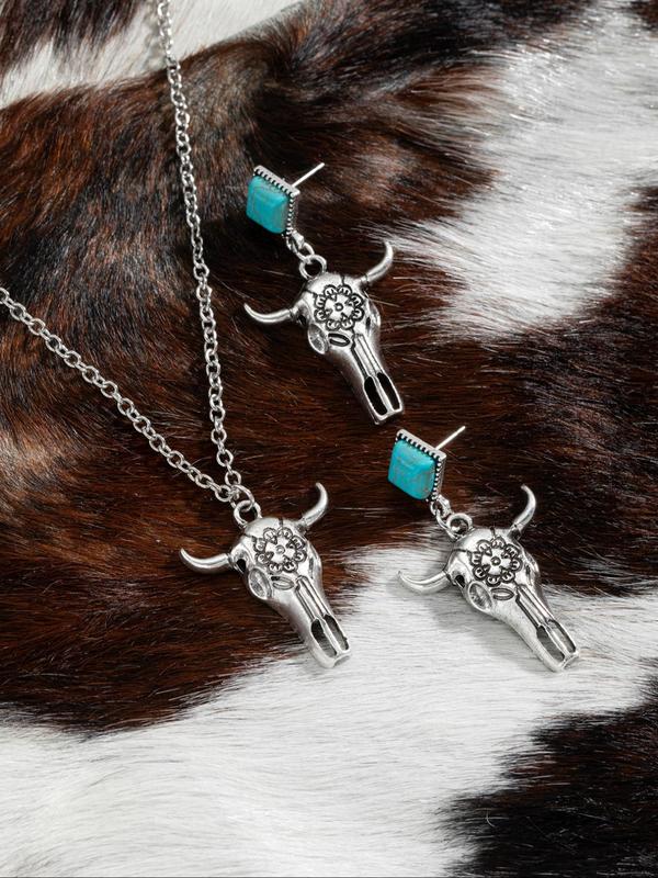 Vintage Cow Head Decor Pendant Necklace & Dangle Earrings, Creative Turquoise Inlaid Jewelry Set, Retro Exquisite Jewelry Set for Women As Gift