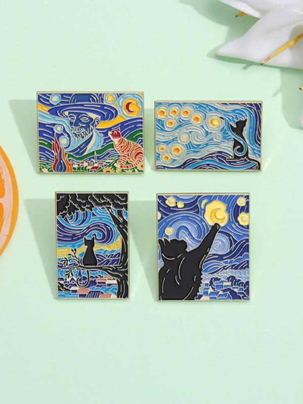 Van Gogh Starry Sky Art Painting Pattern Brooch, 4 Counts Cute Cat Graphic Alloy Badge for Daily Clothing Decor, Trendy All-match & Exquisite Brooch for Birthday Gift