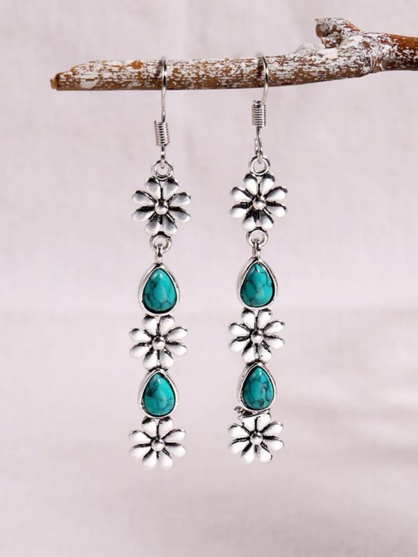 1 Pair Vintage Flower Design Dangle Earrings, Inlaid with Turquoise Textured Hook Earrings, Women's Elegant Earrings Accessories for Daily Use Party