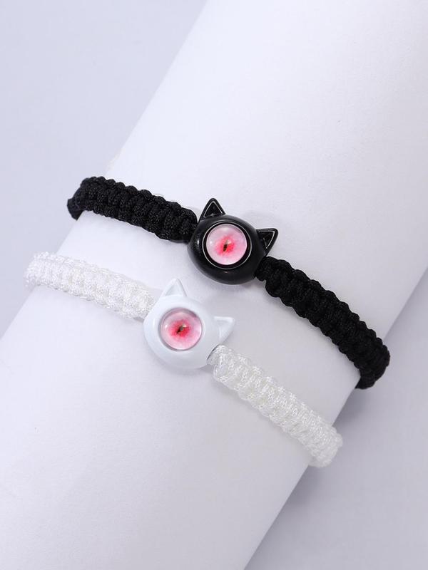 2pcs set Cute Cat Eye Design Braided Adjustable Bracelet, Creative Animal Design Hand Jewelry for Women & Men, Fashion Accessories for Friends Gift