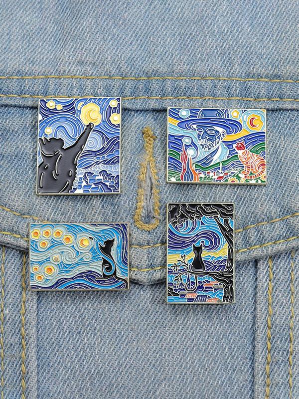 Van Gogh Starry Sky Art Painting Pattern Brooch, 4 Counts Cute Cat Graphic Alloy Badge for Daily Clothing Decor, Trendy All-match & Exquisite Brooch for Birthday Gift