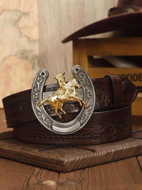 Men's Vintage Horse Buckle Western Belt, Fashionable Retro Funky Fantasy Embossed PU Leather Belt, Y2K Punk Belt for Men, Fashion Accessories for Daily Wear, Fall Outfits, Earthtone Fall Freshness