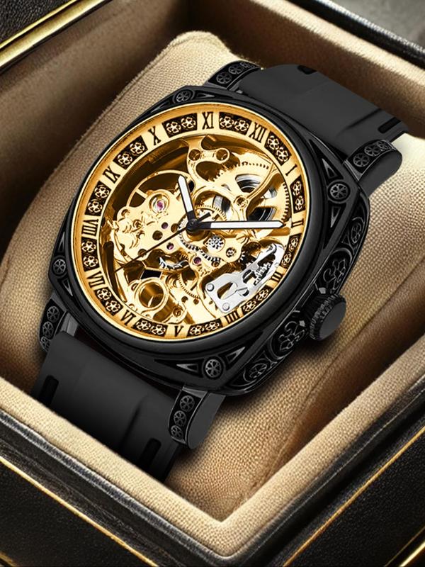 Men's Hollow Out Round Dial Mechanical Watch, Business Analog Watch for Party, Daily Clothing Decor, Trendy All-match & Exquisite Watch for Gift with Box