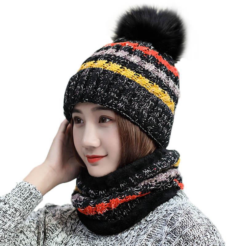 2-Pieces Winter Beanie Hat Scarf Set Warm Fuzzy Knit Hat For Women