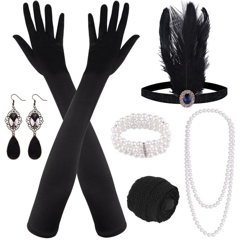 1920s Great Gatsby Accessories Set for Women Flapper Headpiece Headband glamorous mask