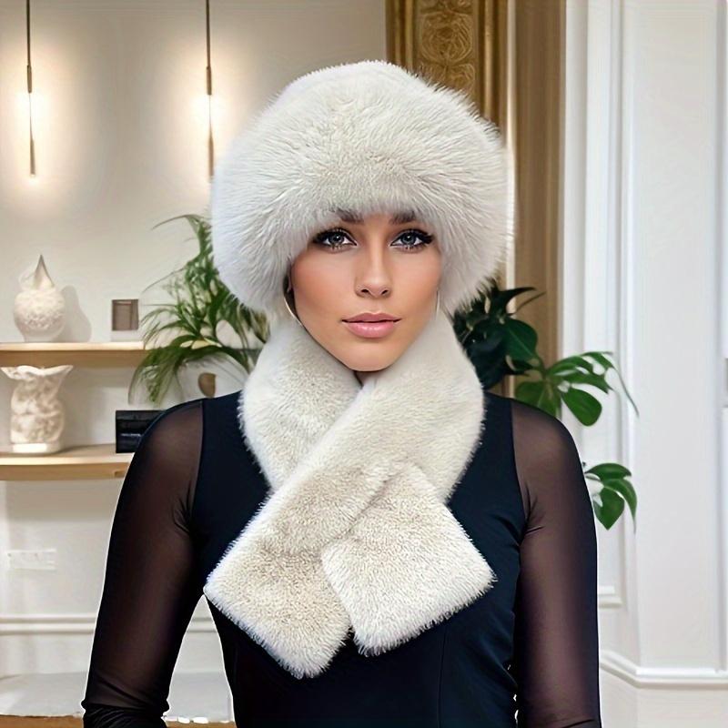 Women's 2pcs Set: Cozy Faux Fur Hat & Scarf Combo - Warm, Knit Winter Ear Warmer with Button Closure, Solid Color, Hand Wash Only