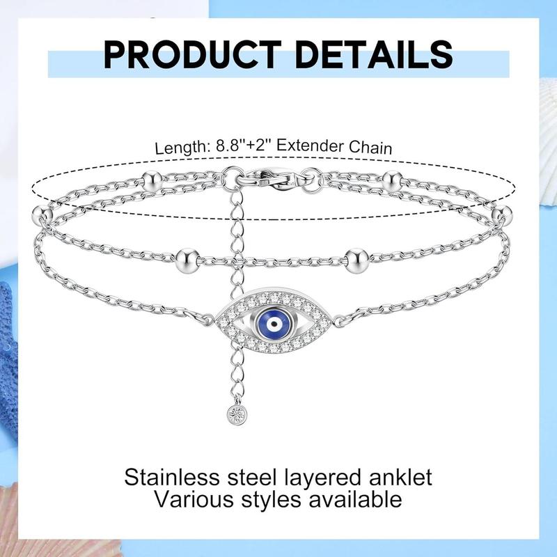 FLORIDECO Stainless Steel Ankle Bracelet for Women Teens Cute Butterfly Sequin Infinity Cross Heart Evil Eye Pendant Layered Anklets Adjustable Foot Jewelry Daily