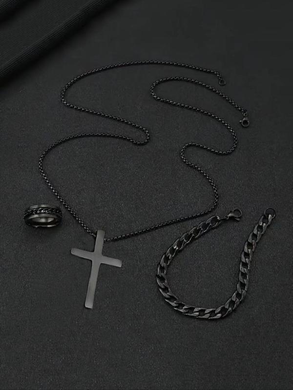 Punk Style Cross Pendant Necklace & Chain Design Ring & Curb Chain Bracelet (3pcs set), Fashion Jewelry for Party, Daily Clothing Decor, Trendy All-match & Exquisite Jewelry for Birthday Gift