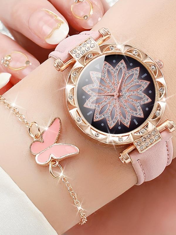 Women's Elegant Rhinestone Decorated Watch & Jewelry Set, Including Round Dial Analog Quartz Watch & Butterfly Design Jewelry, Fashionable Watch Set for Women As Gift