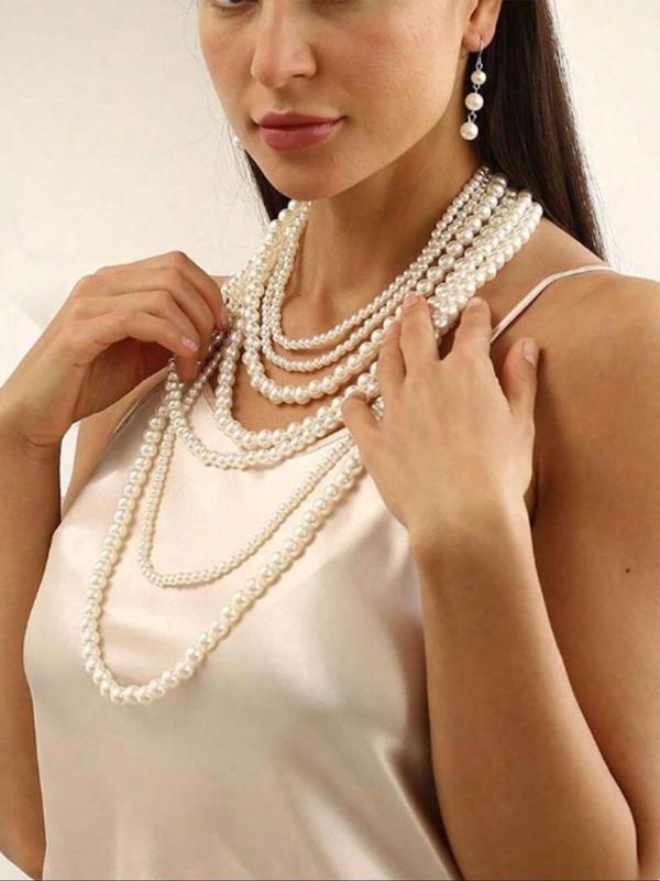 Women's Elegant Faux Pearl Decorated Layered Beaded Necklace & Dangle Earrings, Exquisite Trendy Jewelry Set, Fashionable Vintage Jewelry Set for Women As Gift