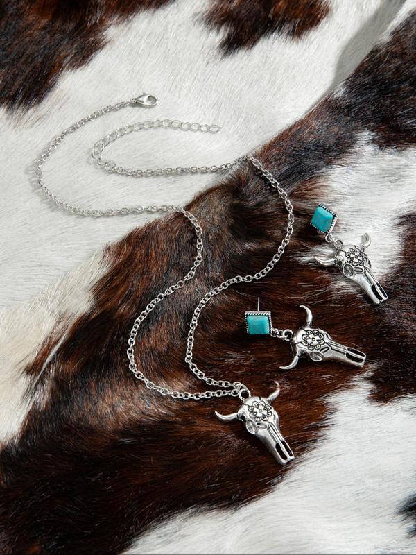 Vintage Cow Head Decor Pendant Necklace & Dangle Earrings, Creative Turquoise Inlaid Jewelry Set, Retro Exquisite Jewelry Set for Women As Gift