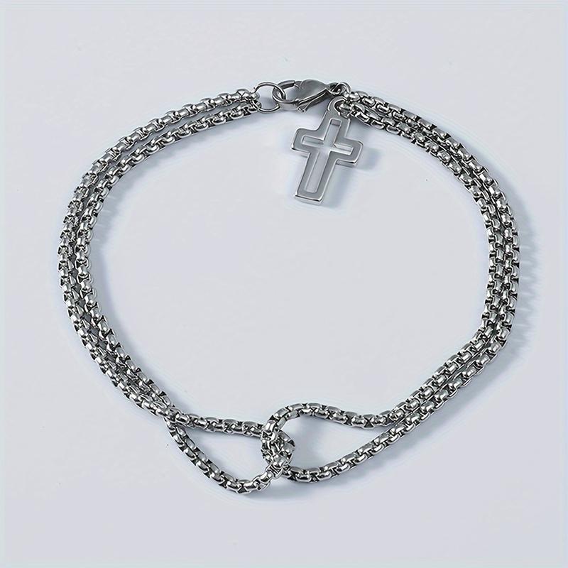 Hollow Double Chain Cross Titanium Steel Men's Bracelet, Double Layer Cool Hand Jewelry