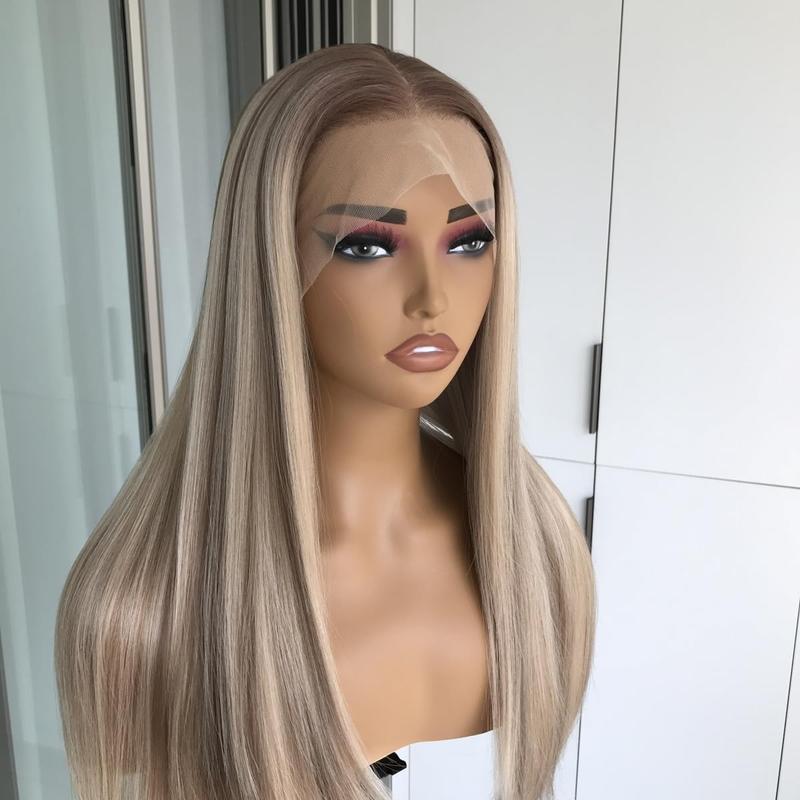 Blonde with Brown Highlights Lace Front Wig Straight for Women Highlight Brown Synthetic Lace Wigs Pre Plucked Hairline Glueless Wig Natural Straight Synthetic Lace Frontal Wig 26 inch