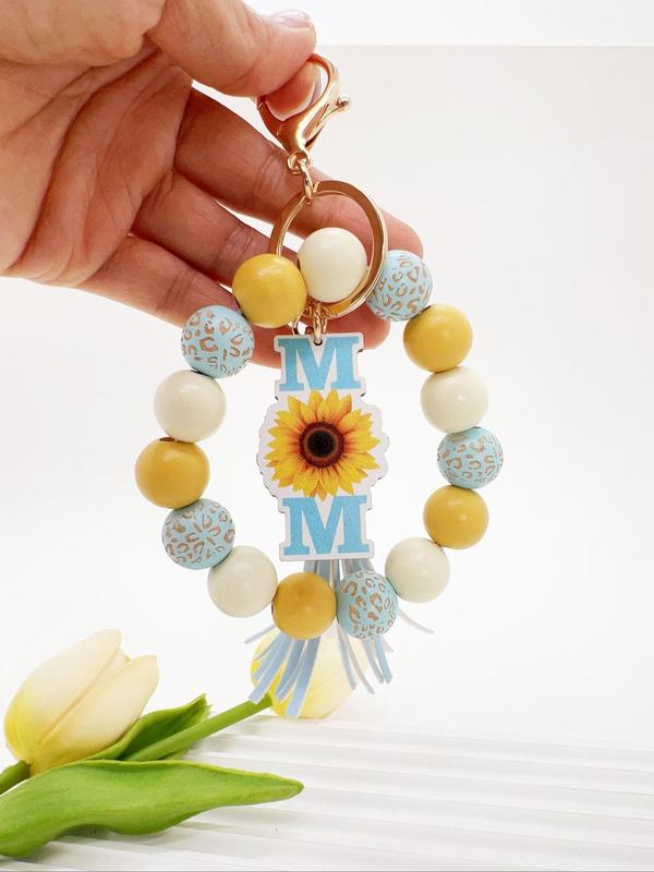 Boho Style Leopard Print Beaded Tassel Keychain, Fashionable Sunflower & Letter Design Keychain for Women & Girls, Trendy All-match Keychain for Birthday Gift