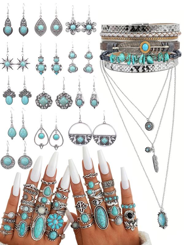 Boho Style Turquoise Texture Jewelry Set, Vintage Necklace & Bracelet & Ring & Earrings, Fashion Accessories for Women & Girls