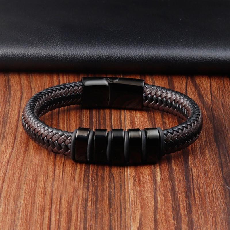 Men's Protection Leather Braided Bracelet Titanium Steel Bangle Leather Braided Wristband Magnetic Clasp for Daily Use Gift to him