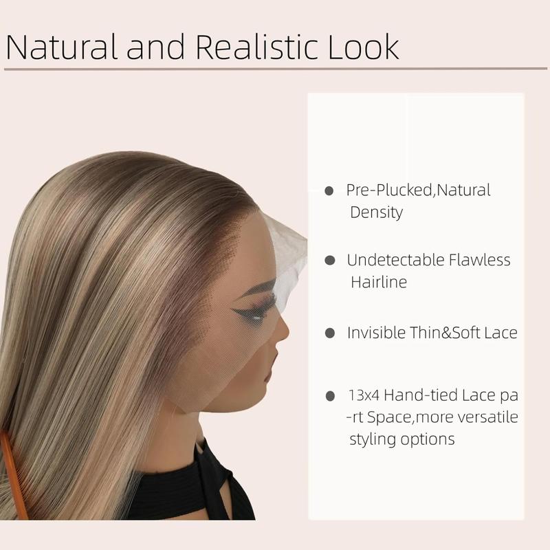 Blonde with Brown Highlights Lace Front Wig Straight for Women Highlight Brown Synthetic Lace Wigs Pre Plucked Hairline Glueless Wig Natural Straight Synthetic Lace Frontal Wig 26 inch