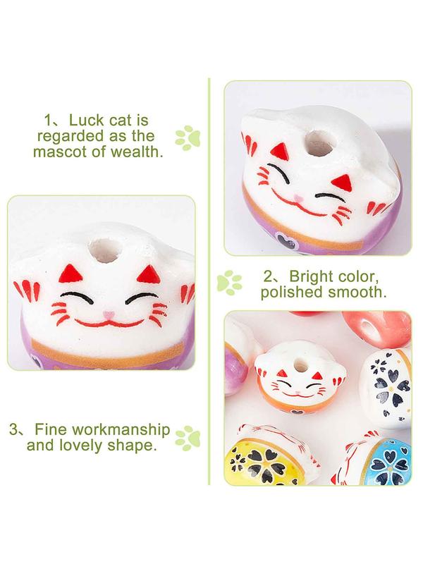 Lucky Cat Design Porcelain Bead, Fortune Cat Loose Beads Charms for Jewelry Making Necklace Bracelet Earrings Accessories, Fashion Accessories for Women & Girls for Holiday Gift