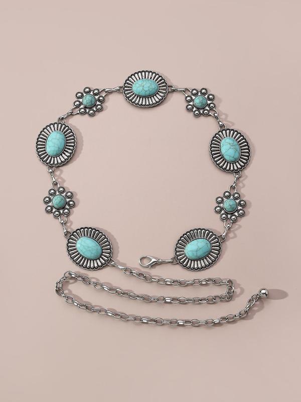 Vintage Turquoise Decor Embossed Design Chain Belt For Women, Cool Belts, Fashion All-match Clothes Accessories