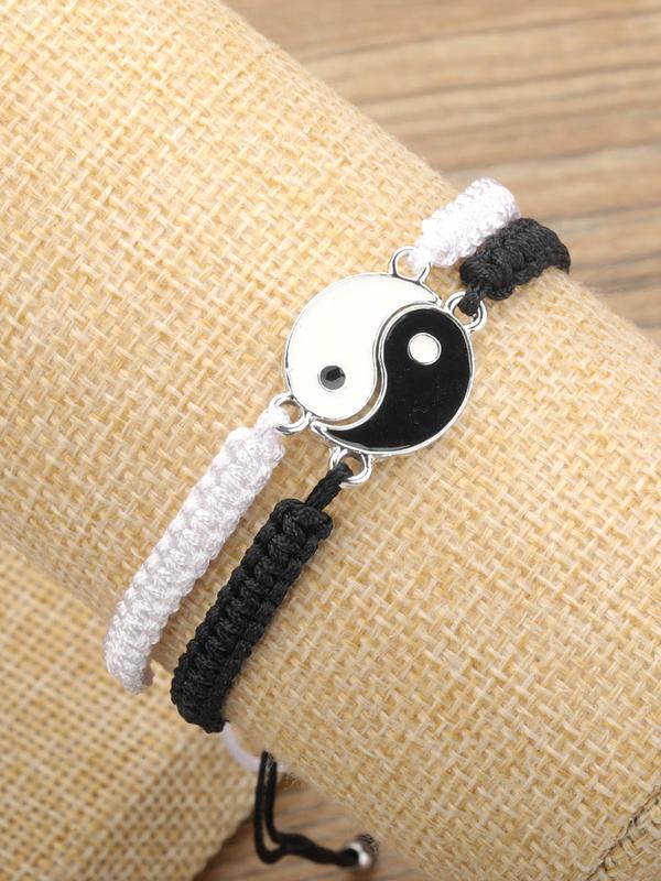 Unisex Round Charm Bracelets Kit Wristbands, Casual Trendy Colorblock Yinyang Design Bracelets for Couple, Fashionable Accessories for Daily & Party Decoration