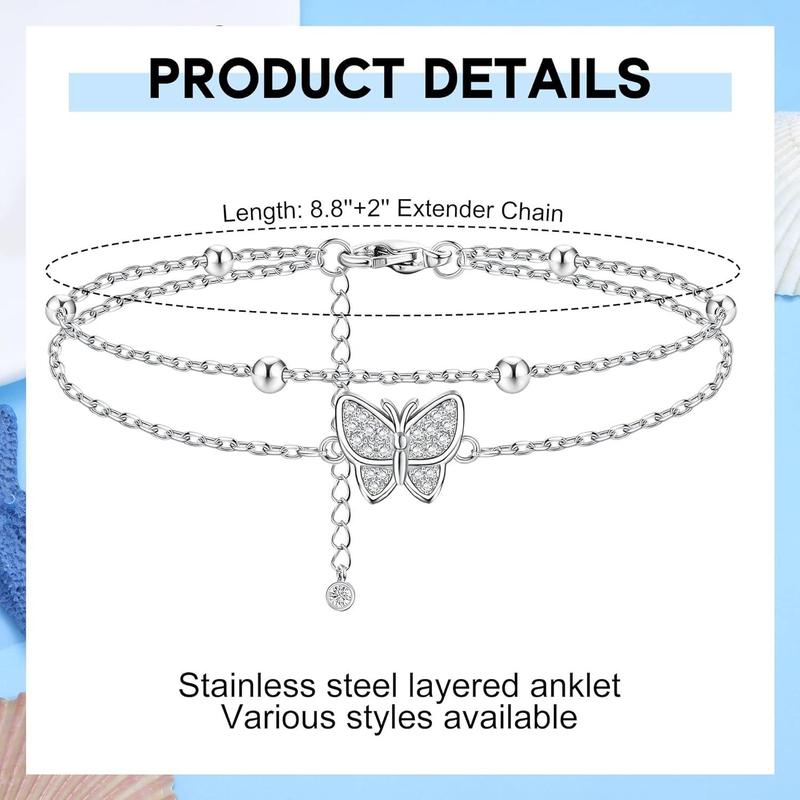 FLORIDECO Stainless Steel Ankle Bracelet for Women Teens Cute Butterfly Sequin Infinity Cross Heart Evil Eye Pendant Layered Anklets Adjustable Foot Jewelry Daily