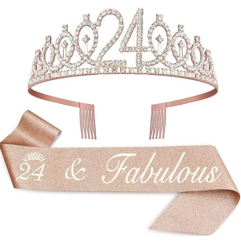 Birthday Crown & Sash Set, 1 Set Rhinestone Crown & Sash, Birthday Party Decoration Supplies for Women, Party Accessories