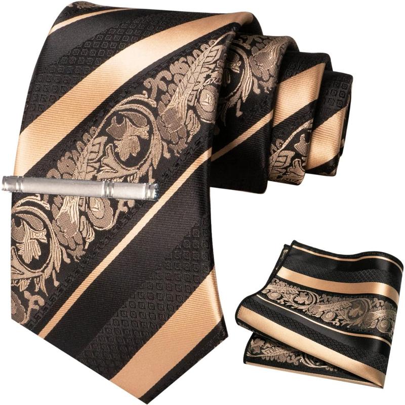 Mens Floral Necktie and Pocket Square Tie Clip Sets for Men