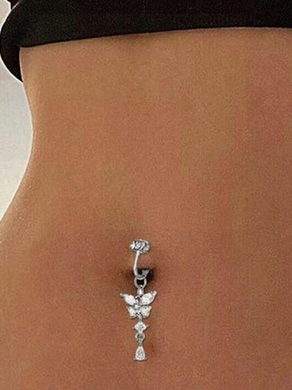 Summer Elegant Butterfly Design Rhinestones Decor Belly Button Ring, Piercing Body Jewelry for Women, Trendy All-match & Exquisite Fake Piercing  Jewelry for Gift