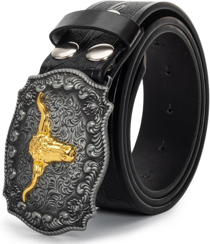 Western Cowboy-Belts for Men Big-Buckle Longhorn-Bull PU-Leather Rodeo Cowgirl-Belt Engraved Floral -  25-38