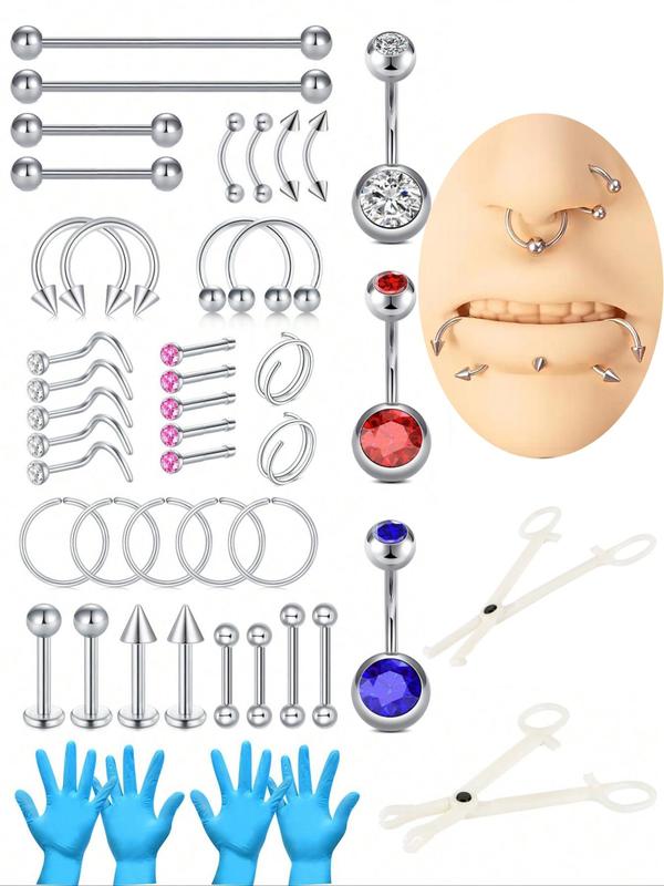 Mixed Body Piercing Kit, Stainless Steel Artificial Zircon Material, Nose Hoop Lip Stud Navel Ring Piercing Jewelry