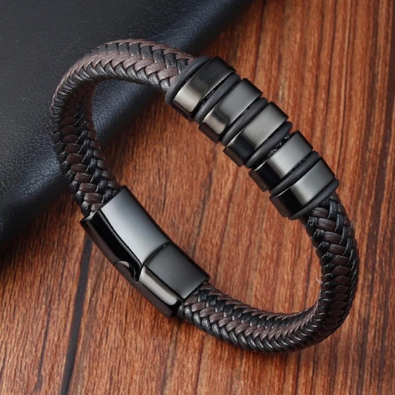 Men's Protection Leather Braided Bracelet Titanium Steel Bangle Leather Braided Wristband Magnetic Clasp for Daily Use Gift to him