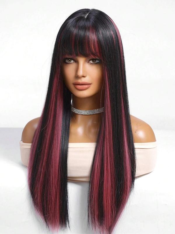 24 Inch Long Straight Black Wig with Pink Money Piece Highlight for Women, Gorgeous Fluffy Wigs with Bangs, Synthetic Full Machine Wigs for Party, Daily Use