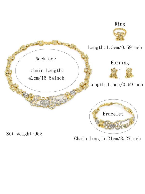 Women's Elegant Rhinestone Decorated Heart Design Jewelry Set (5pcs), Necklace & Ring & Bracelet & Stud Earrings for Women & Girls, Daily Clothing Decor, Cute Accessories for Birthday Gift