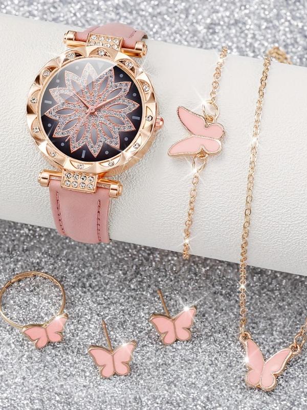 Women's Elegant Rhinestone Decorated Watch & Jewelry Set, Including Round Dial Analog Quartz Watch & Butterfly Design Jewelry, Fashionable Watch Set for Women As Gift