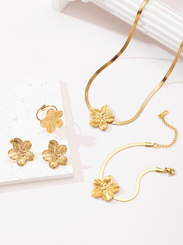 Flower Design Pendant Necklace Earrings Ring Bracelet Set, Fashion Jewelry for Party, Daily Clothing Decor, Trendy All-match & Exquisite Jewelry for Birthday Gift