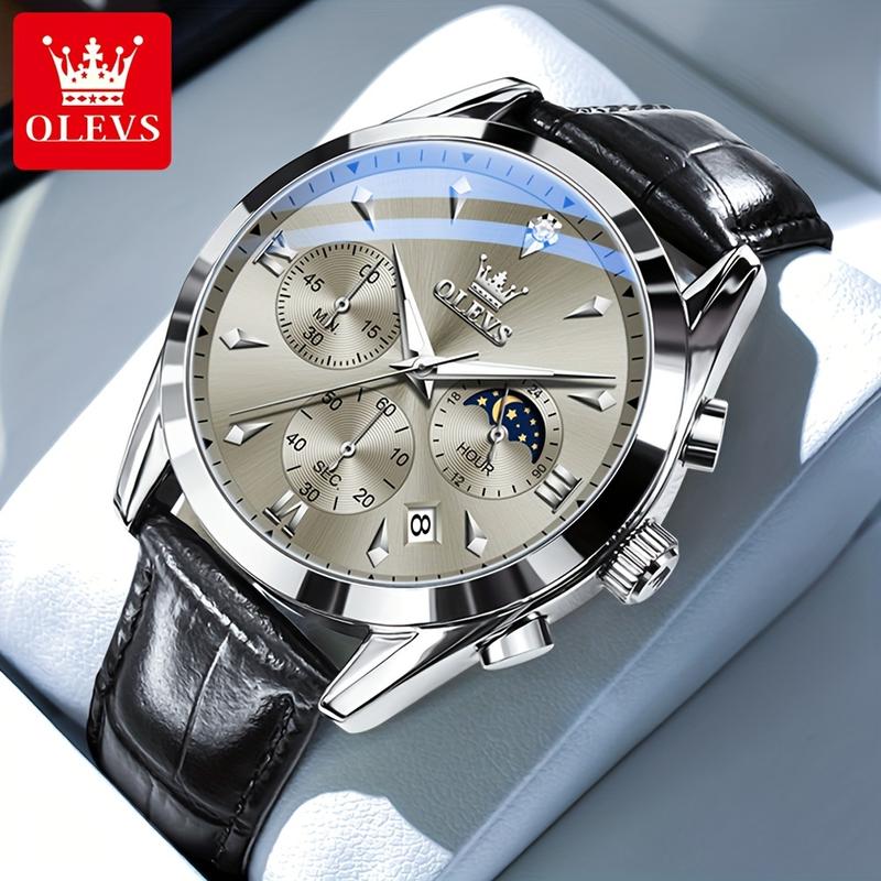 Olevs Watch Men Chronographe Brown Leather Gold Case Simulation Quartz Fashion Business Dress Big Face Men's Watch Day Date Luminous Waterproof Casual Men's Watch