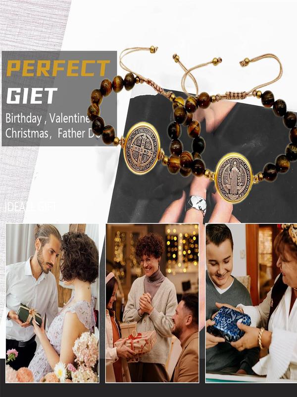 2pcs set Fashionable Casual Round Charm Beaded Decor Bracelet for Gift, Pull Adjustable Bracelet for Women & Men, Fashion All-match Jewelry, Religion Blessing Accessory