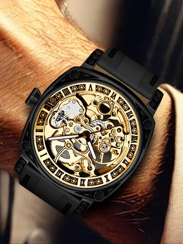 Men's Hollow Out Round Dial Mechanical Watch, Business Analog Watch for Party, Daily Clothing Decor, Trendy All-match & Exquisite Watch for Gift with Box