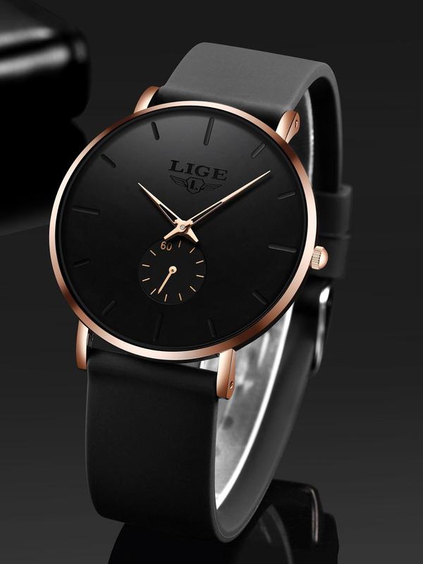 Men's Business Fashion Round Dial Analog Quartz Watch,  Minimalist Style Wristwatch, Trendy Watch for Daily Use As Gift with Box