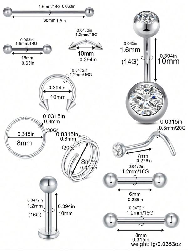 Mixed Body Piercing Kit, Stainless Steel Artificial Zircon Material, Nose Hoop Lip Stud Navel Ring Piercing Jewelry