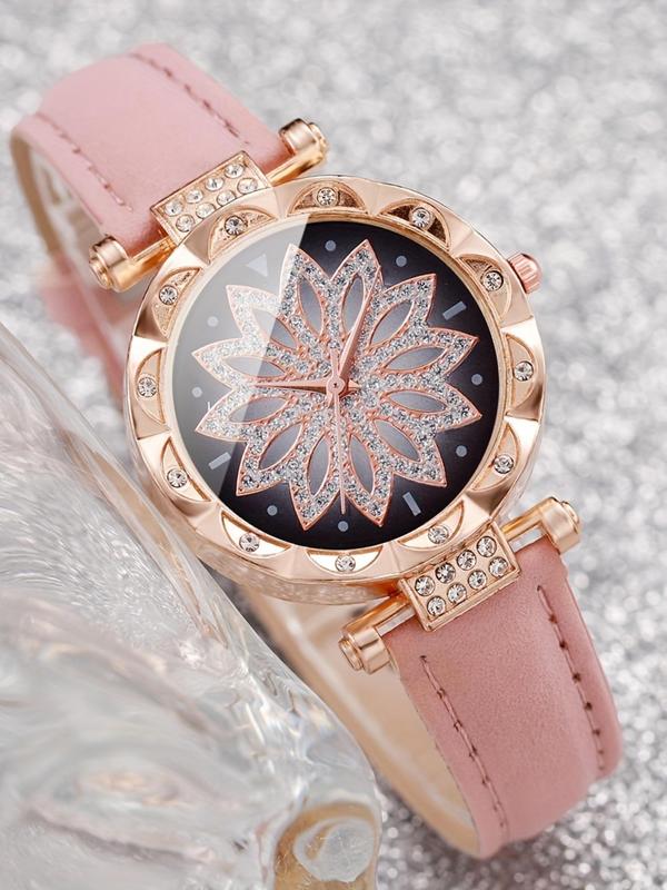 Women's Elegant Rhinestone Decorated Watch & Jewelry Set, Including Round Dial Analog Quartz Watch & Butterfly Design Jewelry, Fashionable Watch Set for Women As Gift